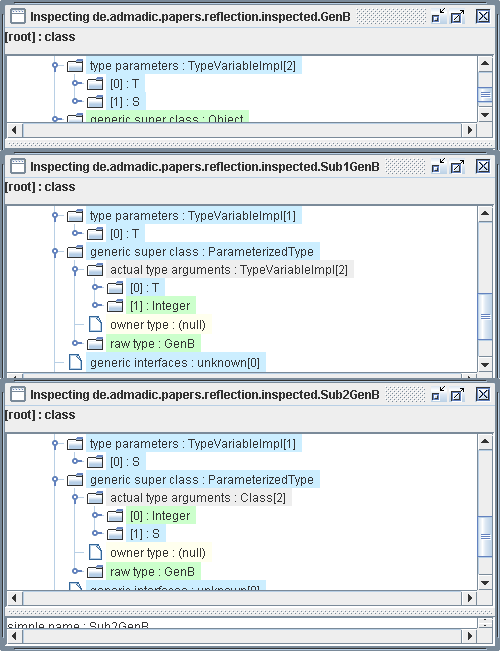 Screenshot with information about class GenB and its subclasses